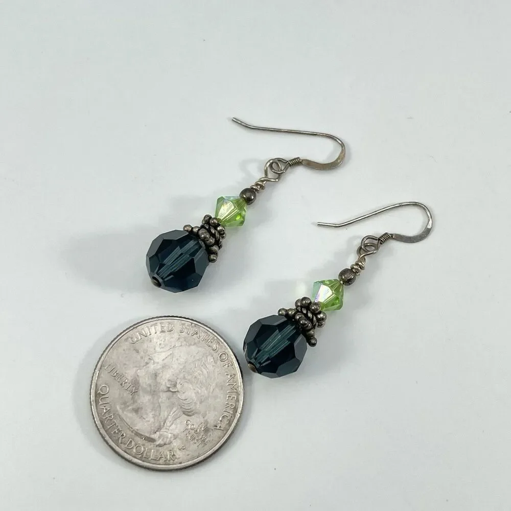 Blue Green Glass Dangle Sterling Silver Dangle Earrings Boho Statement Cute